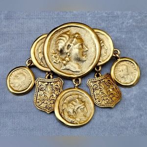 Vintage Gold Tone Cast Roman Coin Brooch